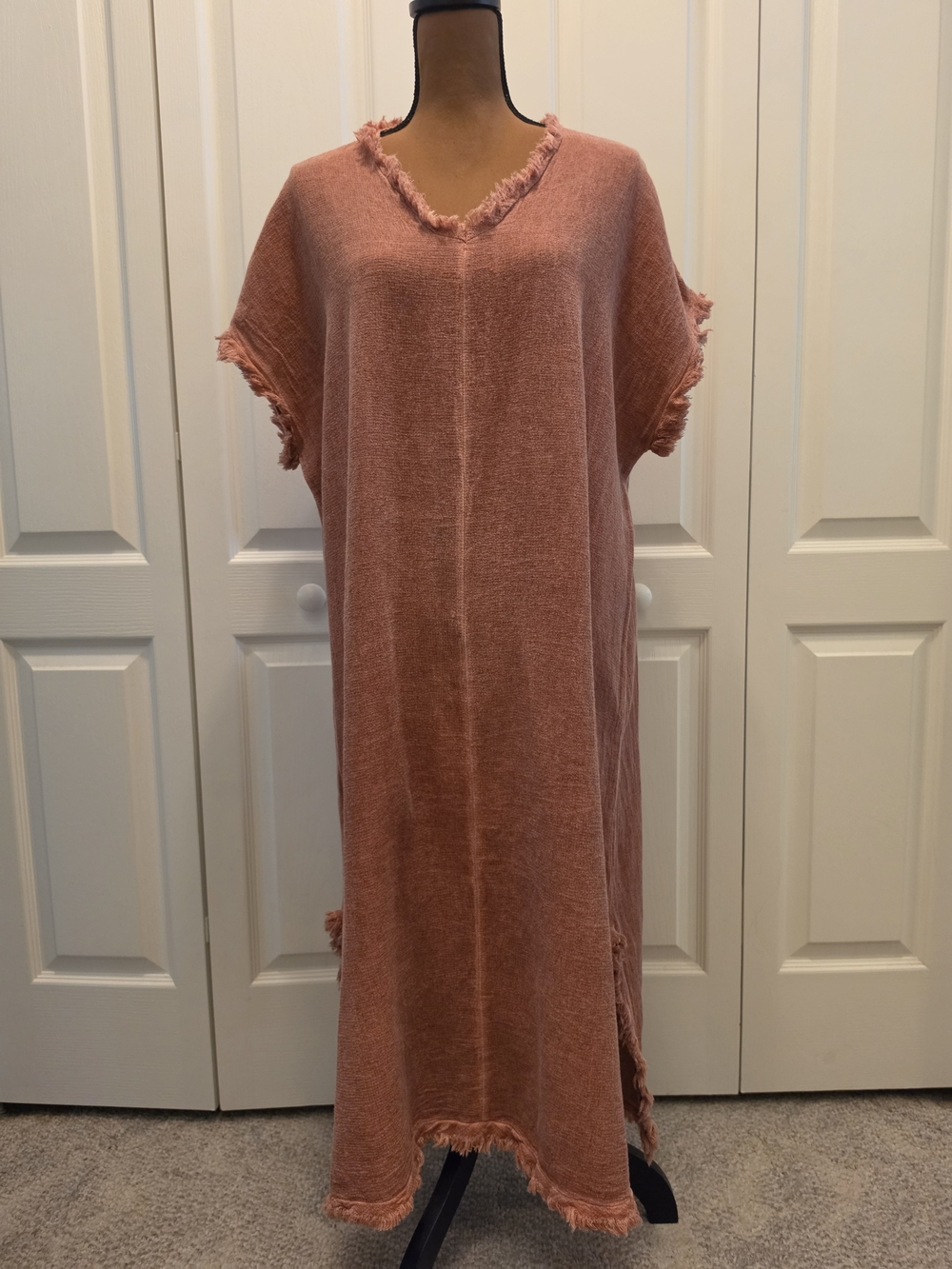Lagenlook Boho 100% Cotton Fringe Maxi Caftan Dress Frayed Slit Terracotta S/M